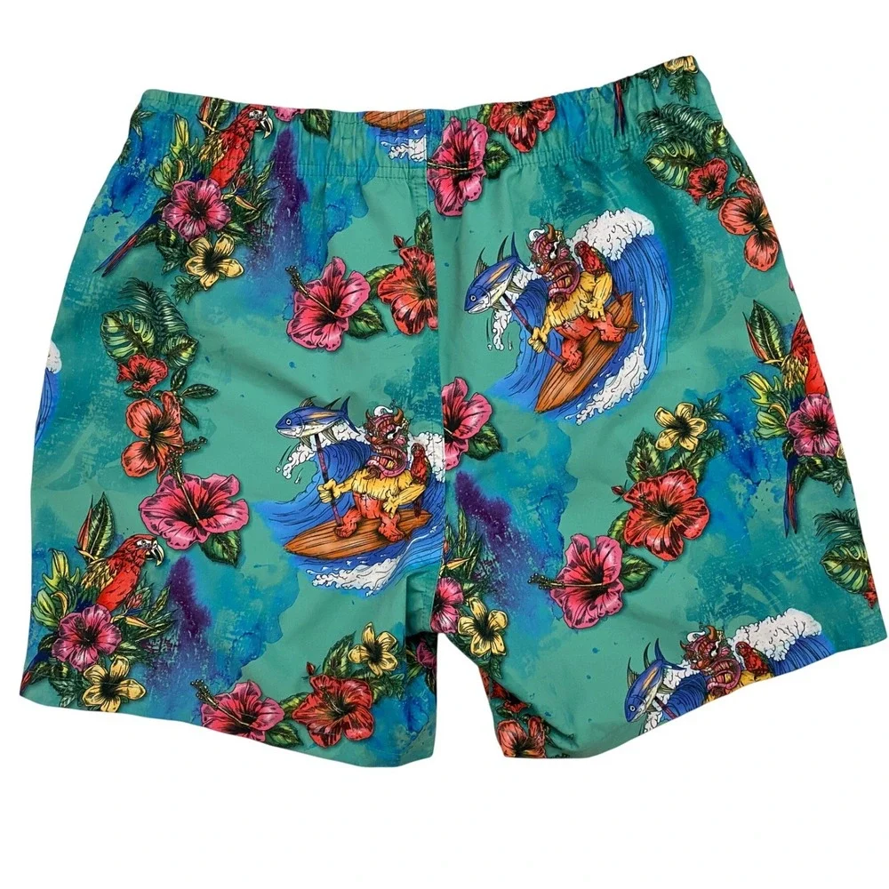 Psycho Tuna Mens Teal Tropical Surfing Skeleton Floral Swim Trunks Shorts Size M
